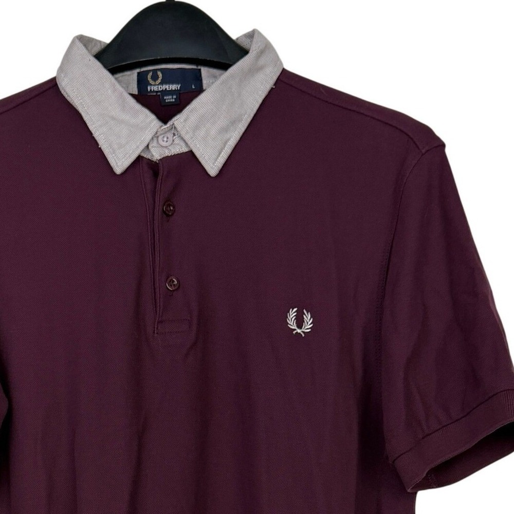 Fred Perry Polo Shirt Mens Large 100% Cotton Burgundy Grey Contrast Collar Logo